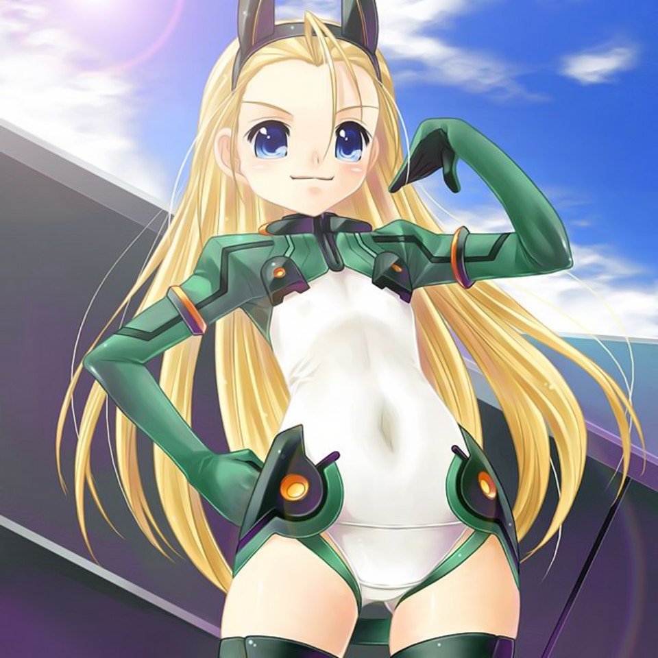 &gt;:) 1girl animal_ears antenna_hair blonde_hair blue_eyes blush clouds covered_navel cowboy_shot day elise_von_dietrich flat_chest forehead from_below gloves green_legwear hairband hand_on_hip hand_up headgear hips lens_flare leotard light_smile long_hair looking_at_viewer motionslit outdoors pilot_suit rainbow sky sky_girls smile solo sun thigh-highs turtleneck very_long_hair
