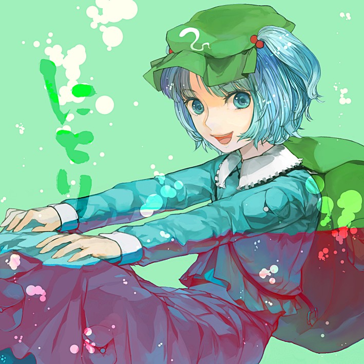 1girl :d backpack bag blue_dress blue_eyes blue_hair character_name dress female green_background hair_bobbles hair_ornament kawashiro_nitori long_sleeves looking_at_viewer open_mouth pocket short_hair simple_background smile solo touhou twintails two_side_up underwater xero