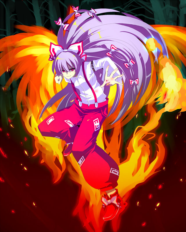 bad_id bamboo bow female fire fujiwara_no_mokou hair_bow harano long_hair red_eyes silver_hair suspenders touhou very_long_hair