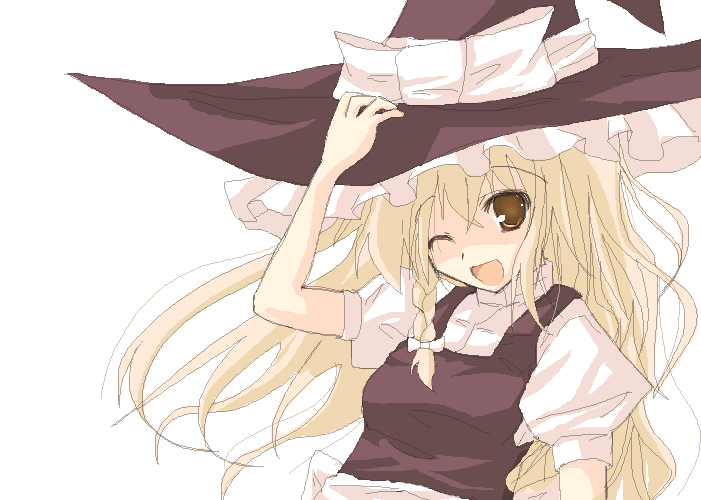1girl ;d black_dress blonde_hair brown_eyes dress female frills hat kirisame_marisa looking_at_viewer one_eye_closed open_mouth puffy_short_sleeves puffy_sleeves rikudou_inuhiko short_sleeves simple_background smile solo touhou upper_body white_background witch witch_hat