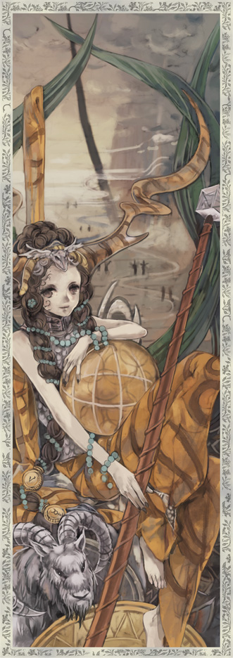 1girl bad_id barefoot card card_(medium) fantasy globe goat horns solo staff stecky tarot