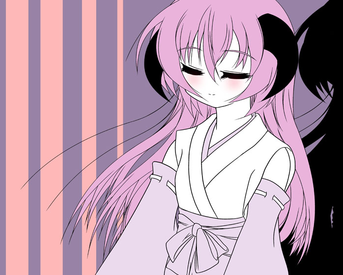 1girl blush closed_eyes hanyuu higurashi_no_naku_koro_ni horns japanese_clothes kimono minazuki_maya pink_hair shadow solo striped striped_background