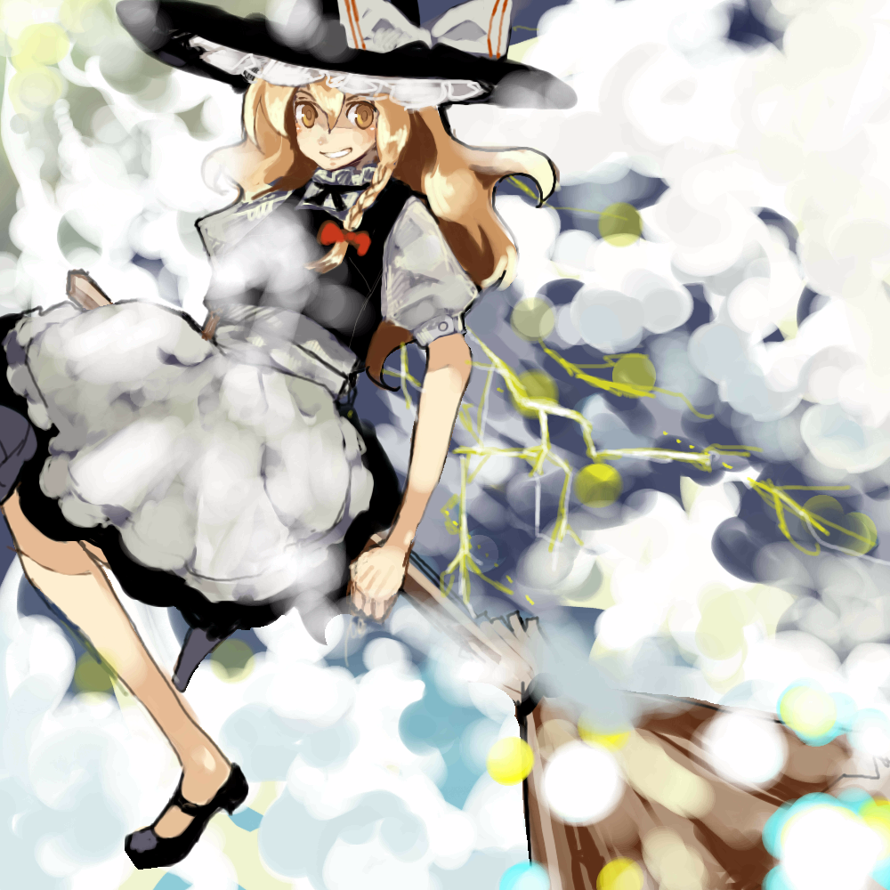 1girl black_bow black_dress black_shoes blonde_hair bow braid broom broom_riding dress female hat jumper kirisame_marisa long_hair looking_at_viewer pinafore_dress red_bow shoes solo touhou witch witch_hat yellow_eyes