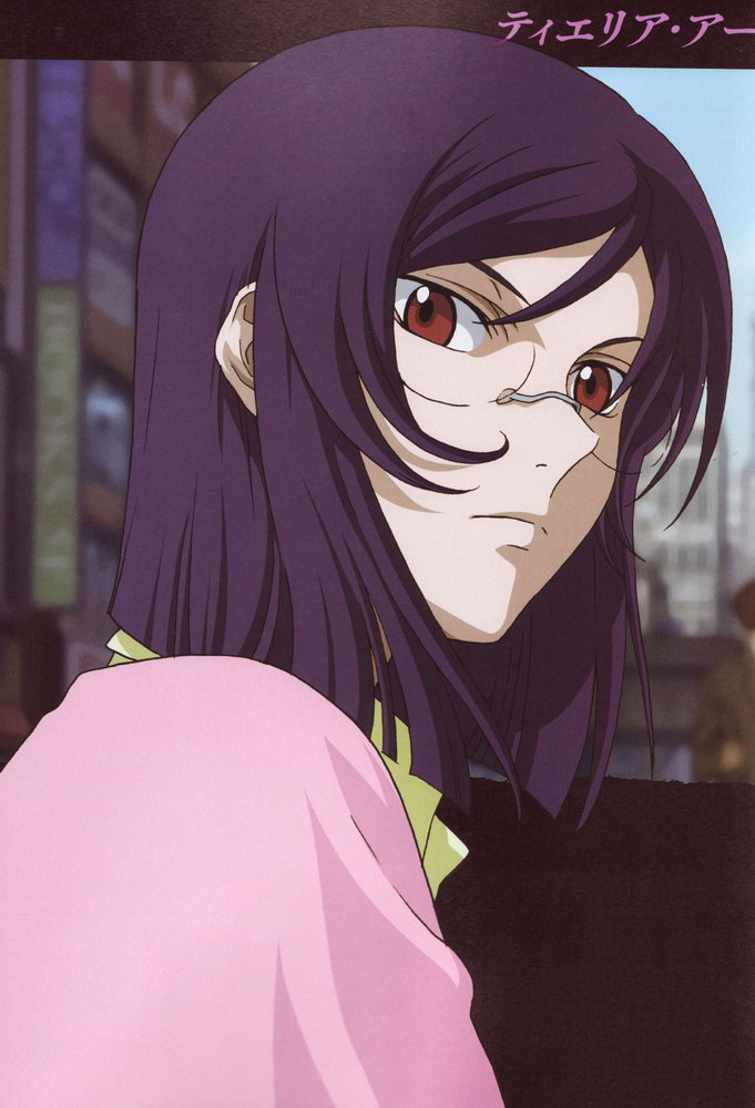 1boy androgynous bangs city glasses gundam gundam_00 looking_back male_focus outdoors purple_hair red_eyes rimless_glasses scan solo swept_bangs tieria_erde trap upper_body