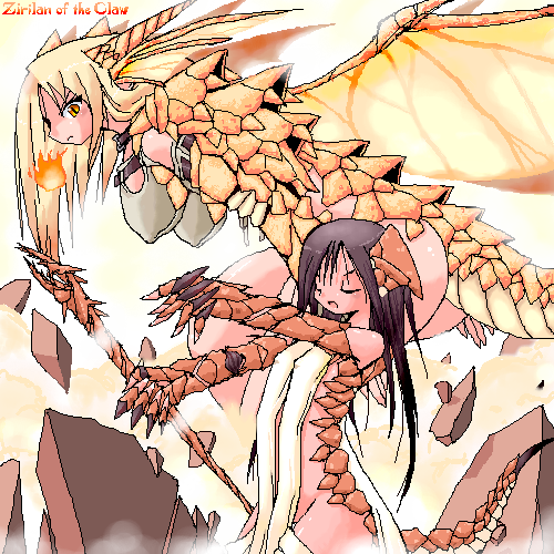2girls aliasing asterisk_storage bangs black_hair blonde_hair bottomless breasts character_name closed_eyes dragon_girl dragon_wings erect_nipples fire flat_chest hanging_breasts horns large_breasts long_hair lowres magic:_the_gathering monster_girl multiple_girls oekaki orange_eyes personification staff tail wings yellow_eyes yone88 yonezuka_ryou zirilan_of_the_claw