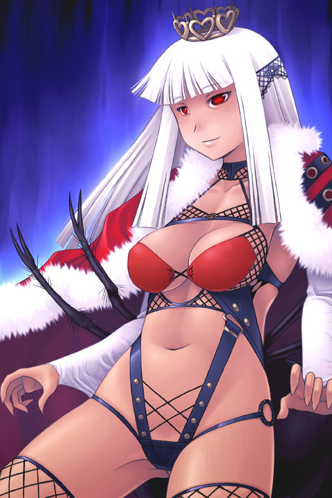 1girl breasts cape cleavage crown dark_skin detached_sleeves fishnets hat large_breasts leather legs monster_girl navel noise_(tsuzuki) original queen red_eyes solo thigh-highs thighs under_boob white_hair