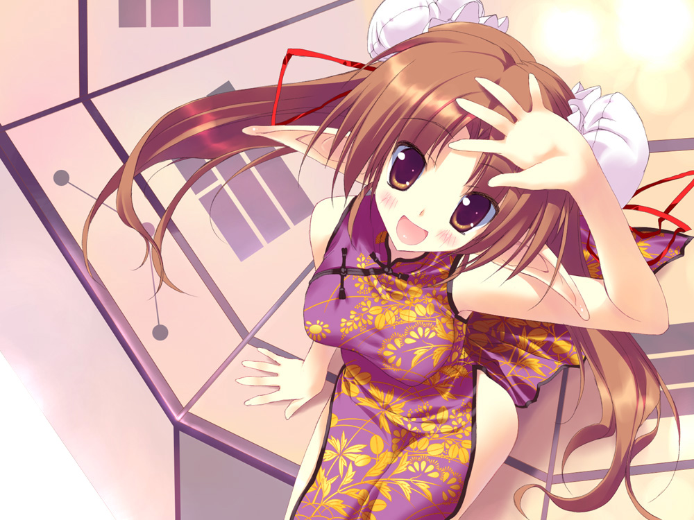 1girl :d bad_id bare_shoulders blush brown_eyes brown_hair bun_cover china_dress chinese_clothes double_bun dress elf hair_bun open_mouth orange_eyes original pointy_ears side_slit sitting smile solo tsurusaki_takahiro twintails