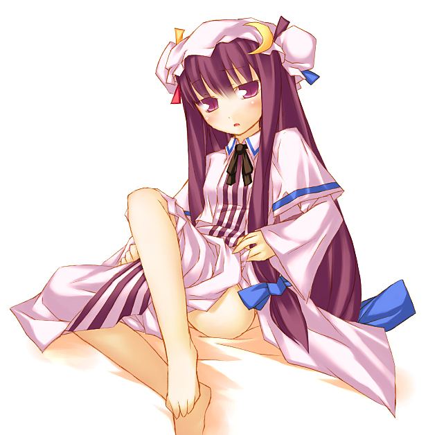 1girl barefoot crescent feet female hat long_hair nu_(plastic_eraser) patchouli_knowledge purple_hair solo toes touhou undressing violet_eyes