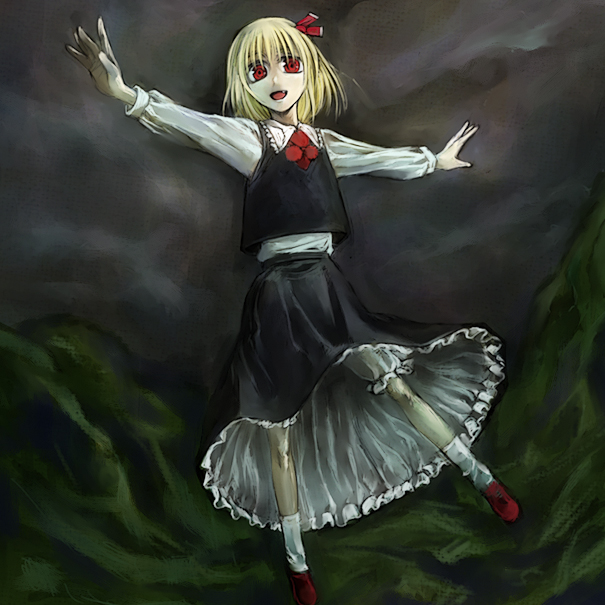 1girl blonde_hair bloomers cervus female hair_ribbon necktie outstretched_arms red_eyes ribbon rumia short_hair solo spread_arms the_embodiment_of_scarlet_devil touhou underwear youkai