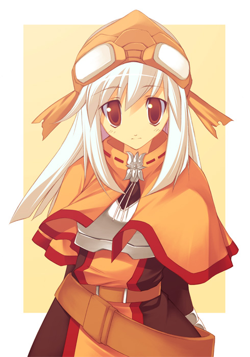1girl arms_behind_back belt brown_eyes capelet goggles happy_core_(artist) kinoshita_ichi long_hair looking_at_viewer ragnarok_online solo swordman swordsman_(ragnarok_online) white_hair