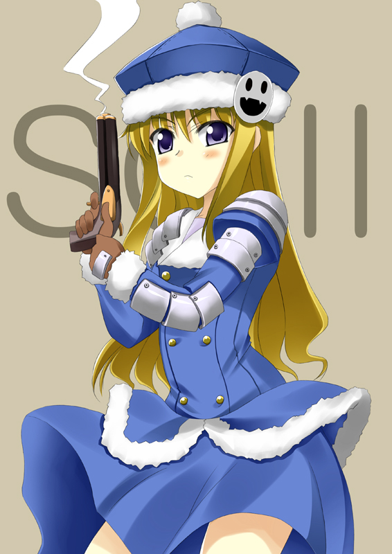 1girl atlus beige_background blue_dress blue_eyes brown_gloves buttons contrapposto dress fur_trim gloves gun gunner handgun jack_frost long_hair long_sleeves looking_at_viewer pistol pom_pom_(clothes) sekaiju_no_meikyuu sekaiju_no_meikyuu_2 shio simple_background smoke solo standing very_long_hair weapon