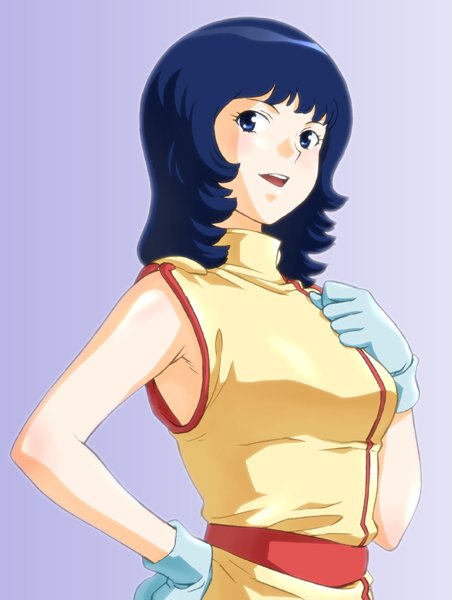 1girl armpits bad_id blue_eyes blue_gloves blue_hair clenched_hand cowboy_shot fa_yuiry gloves gradient gradient_background gundam hand_on_hip looking_at_viewer open_mouth purple_background shirt shoumaru_(gadget_box) solo yellow_shirt zeta_gundam