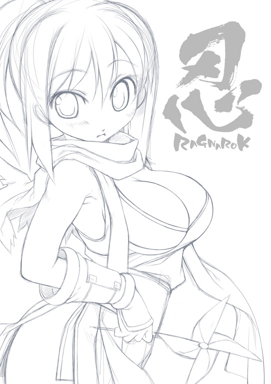 1girl breasts cleavage happy_core_(artist) kinoshita_ichi large_breasts monochrome ninja ninja_(ragnarok_online) pinwheel ragnarok_online scarf sketch solo