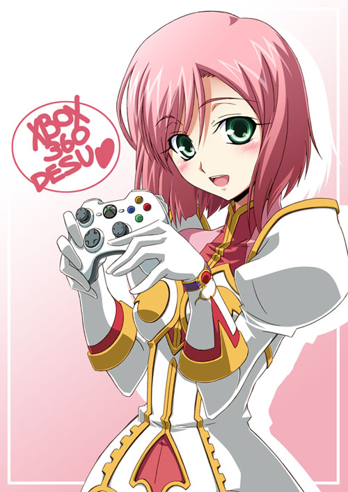 1girl estellise_sidos_heurassein game_console green_eyes izumi_mahiru pink_hair romaji tales_of_(series) tales_of_vesperia xbox_360