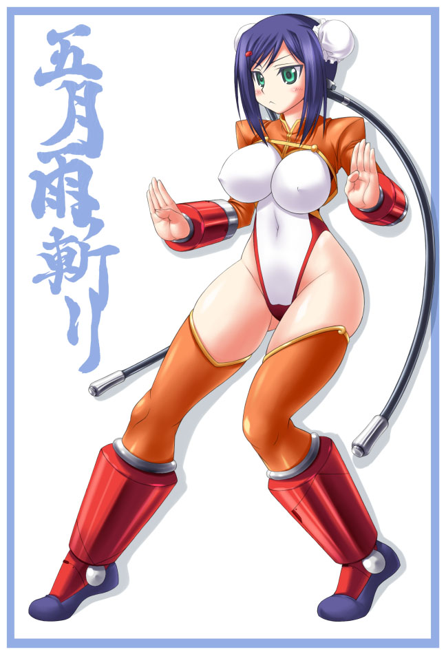 1girl aq_interactive arcana_heart atlus boots breasts bun_cover d_kurouri double_bun examu impossible_clothes impossible_shirt large_breasts mei-fang shirt solo thigh-highs