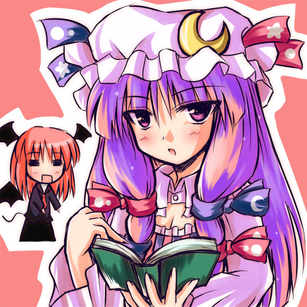 2girls bat_wings blue_ribbon blush book bow crescent crescent_hair_ornament female hair_ornament hat head_wings koakuma long_hair looking_at_viewer mob_cap multiple_girls patchouli_knowledge pink_bow purple_hair reading red_ribbon redhead ribbon simple_background tail the_embodiment_of_scarlet_devil tokiniwa touhou vertical_stripes violet_eyes wings
