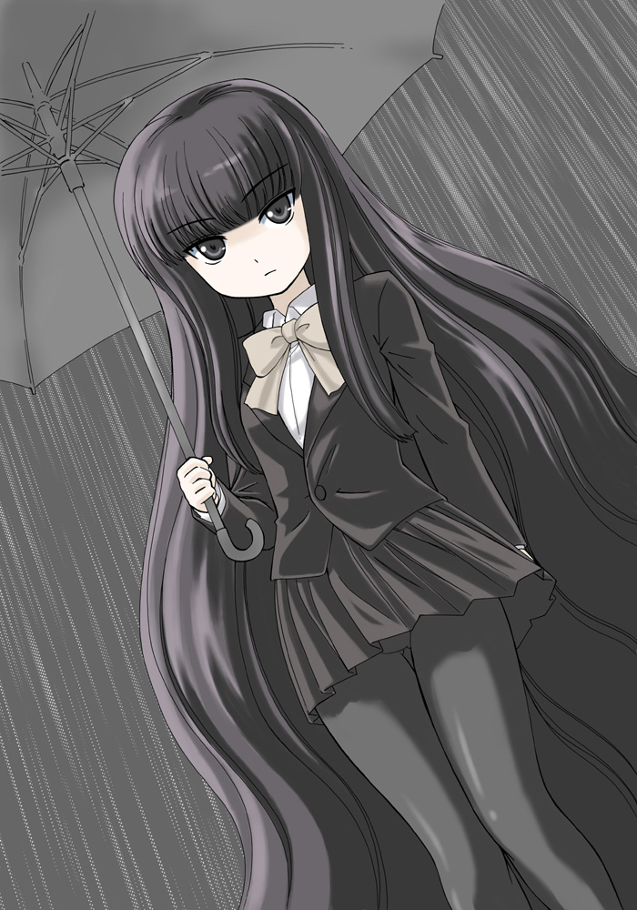 black_hair blazer long_hair niko pantyhose rain school_uniform suou_kuyou suzumiya_haruhi_no_yuuutsu umbrella very_long_hair wanyan_aguda