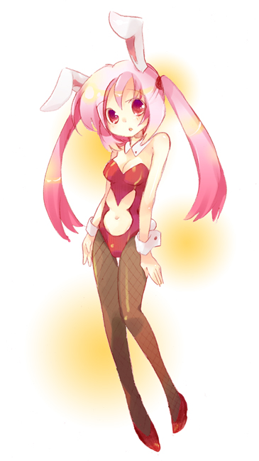 1girl animal_ears bad_id bare_shoulders breasts bunnysuit cleavage detached_collar fishnet_pantyhose fishnets navel_cutout original pantyhose pink_eyes pink_hair rabbit_ears simple_background small_breasts solo tachitsu_teto thigh_gap twintails wrist_cuffs