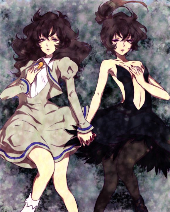 00s 2girls brown_hair dress dual_persona egawa_satsuki hand_holding hand_on_own_chest multiple_girls pantyhose princess_kraehe princess_tutu red_eyes rue_(princess_tutu)