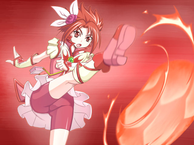 1girl attack ball caryo cure_rouge earrings fingerless_gloves fire gloves jewelry kicking magical_girl nanashino natsuki_rin precure red red_background red_eyes redhead ribbon shorts_under_skirt soccer_ball solo spiky_hair upskirt yes!_precure_5 yes!_precure_5_gogo!