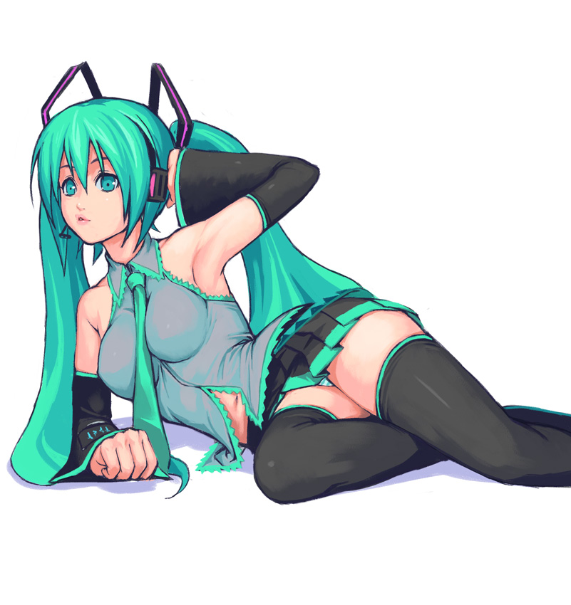 1girl and aqua_eyes aqua_hair armpits bad_id detached_sleeves hatsune_miku long_hair solo thigh-highs twintails very_long_hair vocaloid yuuji_(and) zettai_ryouiki