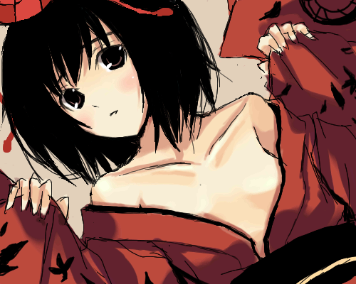 1girl bare_shoulders black_hair blush breasts cleavage collarbone female hamayumiba_sou hat japanese_clothes kimono looking_at_viewer lowres off_shoulder parted_lips shameimaru_aya short_hair sleeves_past_wrists small_breasts solo sou touhou