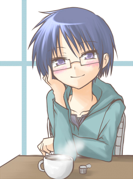 1girl blue_eyes blue_hair blush cup glasses hane_(hanegoya) hidamari_sketch hood hoodie sae short_hair solo