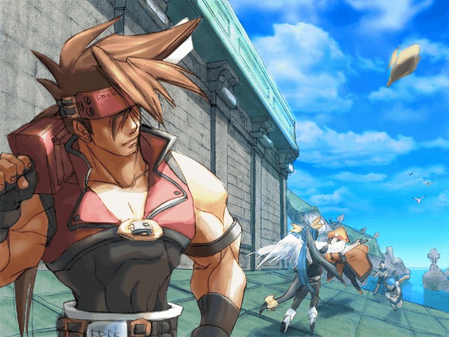 1boy 2girls arc_system_works belt blonde_hair blue_hair brown_hair buckle day dizzy forehead_protector guilty_gear guilty_gear_x guilty_gear_xx hat looking_back may_(guilty_gear) motion_blur multiple_girls muscle official_art outdoors red_eyes screencap sol_badguy spiky_hair standing sword upper_body weapon wings