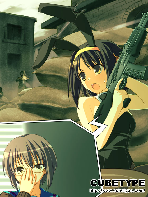 2girls ak-74 animal_ears assault_rifle black_legwear bunnysuit gun metal_gear_(series) metal_gear_solid_4 multiple_girls nagato_yuki pantyhose rabbit_ears rifle suzumiya_haruhi suzumiya_haruhi_no_yuuutsu weapon yuuki_keisuke