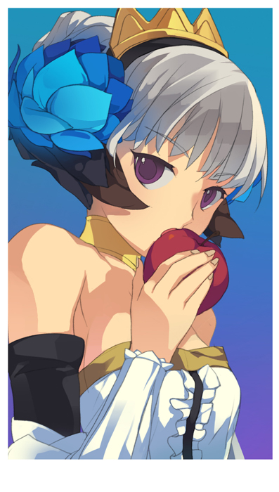 1girl apple bare_shoulders crown detached_sleeves dress elbow_gloves face food fruit gloves gradient gradient_background grey_hair gwendolyn holding holding_fruit no_pupils odin_sphere princess solo strapless strapless_dress tako_ashin upper_body valkyrie violet_eyes