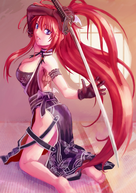 1girl 5-dimensional_skaters artist_request barefoot breasts gloves ignis indoors jingai_makyou long_hair redhead solo sword very_long_hair violet_eyes weapon