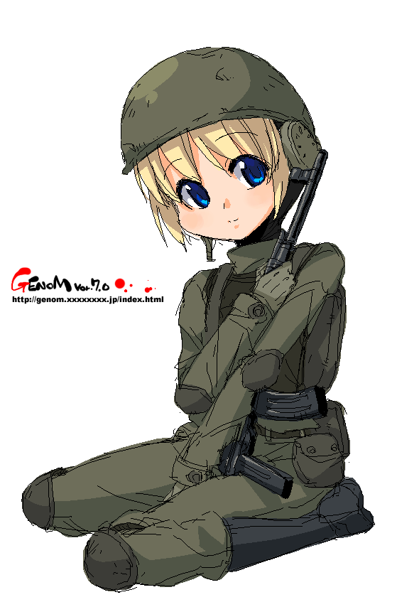 1girl assault_rifle blonde_hair blue_eyes boots call_of_duty call_of_duty_4 gun helmet kneeling military military_uniform mp43_assault_rifle oekaki onija_tarou original rifle short_hair sketch solo stg44 uniform weapon