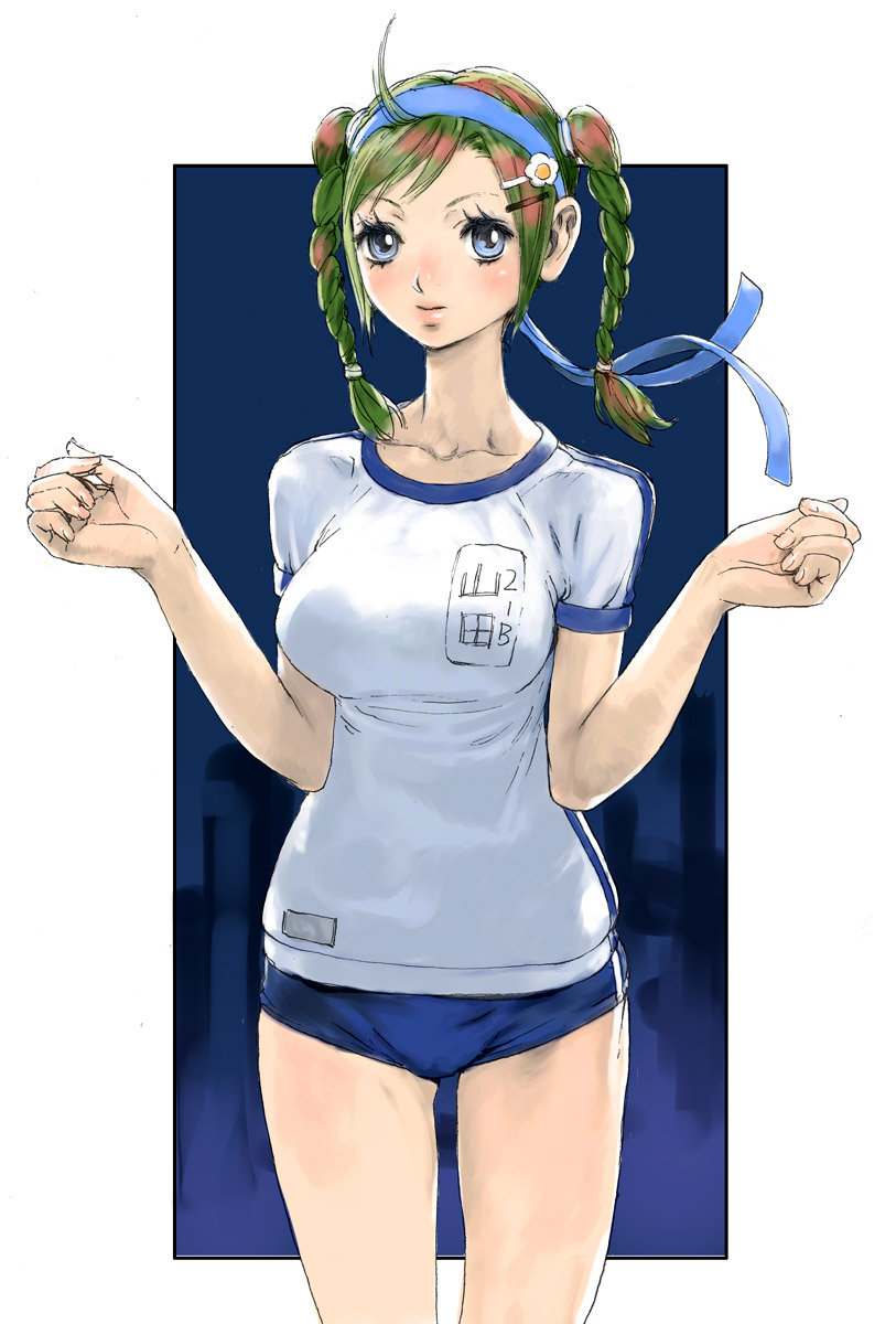 1girl bad_id blue_eyes breasts buruma green_hair gym_uniform hair_ornament hairclip highres large_breasts original outside_border school_uniform solo twintails w_arms yasuda_akira