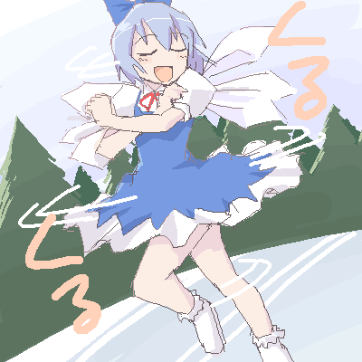 1girl cirno dai-oki dress female forest lowres nature oekaki outdoors plant skating sky solo spinning the_embodiment_of_scarlet_devil touhou