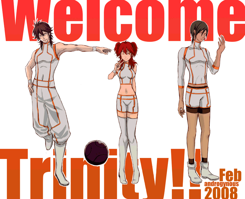 1girl 2boys bad_haro black_hair brother_and_sister brothers gundam gundam_00 haro johann_trinity michael_trinity midriff multiple_boys nena_trinity one_eye_closed redhead siblings thigh-highs v wink yellow_eyes zettai_ryouiki