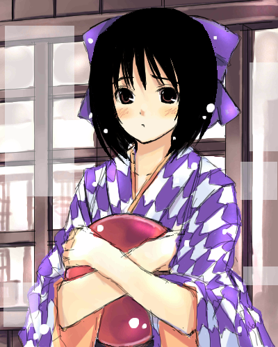 1girl :t arrow_print bashamichi blush bow female hair_bow hakama hamayumiba_sou japanese_clothes looking_at_viewer lowres object_hug shameimaru_aya solo sou touhou tray yagasuri