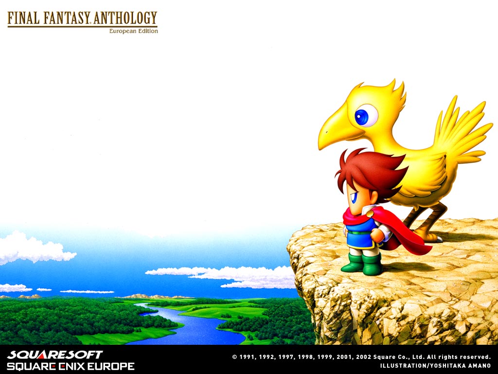 00s 1boy 2002 boco boko brown_hair butz_klauser chocobo cliff copyright_name creature final_fantasy final_fantasy_v forest full_body landscape male_focus nature outdoors river scenery shore standing wallpaper water