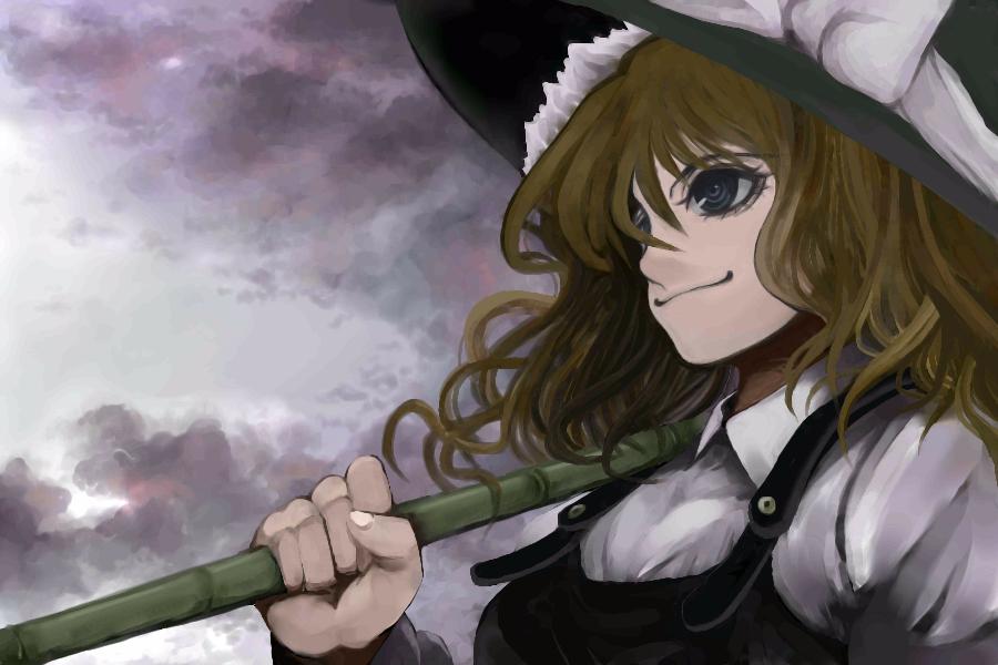 1girl black_dress blonde_hair brown_eyes closed_mouth dress face female hat holding kirisame_marisa over_shoulder puffy_short_sleeves puffy_sleeves short_sleeves smirk solo touhou uousa-ou upper_body witch_hat