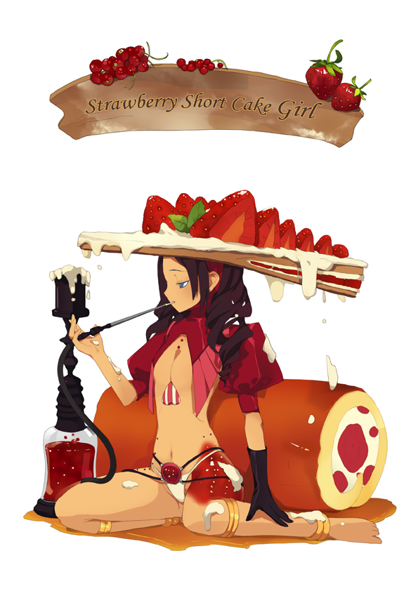 1girl blue_eyes brown_hair food food_as_clothes food_themed_clothes fruit hookah original personification pipe solo strawberry tako_ashin