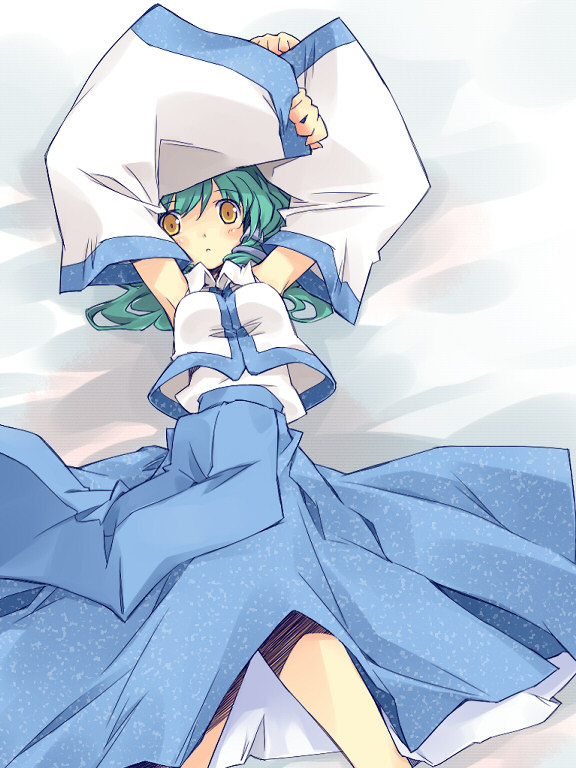 1girl :o arms_up asoka bed_sheet blue_skirt blush detached_sleeves female from_above green_eyes green_hair kochiya_sanae long_hair long_skirt long_sleeves looking_at_viewer nontraditional_miko parted_lips skirt solo touhou vest