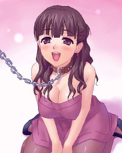 1girl blush breasts brown_eyes brown_hair chains cleavage collar dress earrings happy high_heels jewelry leash long_hair lowres mitsudomoe oekaki open_mouth pantyhose shoes sitting slave solo sugisaki_marina thigh-highs v_arms wariza zen