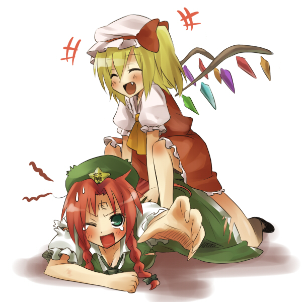 2girls ^_^ ascot beret blonde_hair bow braid china_dress chinese_clothes closed_eyes dress fangs female flandre_scarlet girl_on_top hat hong_meiling kiji_(manekinuko-tei) multiple_girls redhead side_ponytail star the_embodiment_of_scarlet_devil touhou twin_braids wince wings