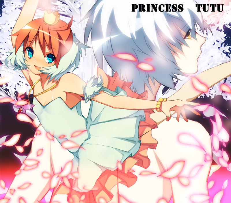 00s 1boy 1girl ahiru armpits ballerina ballet blue_eyes bracelet copyright_name dancing dress jewelry mizore_syrup multicolored_hair mytho mythos petals princess_tutu princess_tutu_(character) redhead two-tone_hair white_hair yellow_eyes