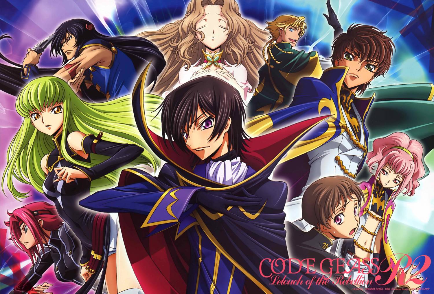 4girls 5boys anya_alstreim black_hair blonde_hair blue_eyes brown_hair c.c. closed_eyes code_geass gino_weinberg green_eyes green_hair kallen_stadtfeld kimura_takahiro lelouch_lamperouge li_xingke long_hair multiple_boys multiple_girls nunnally_lamperouge official_art pink_hair redhead rolo_lamperouge scan short_hair violet_eyes