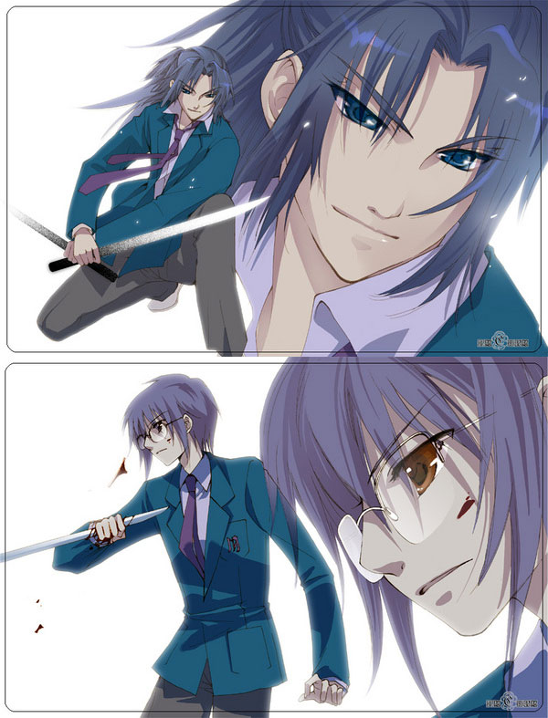 2boys asakura_ryou asakura_ryouko genderswap genderswap_(ftm) glasses male_focus multiple_boys nagato_yuki nagato_yuuki school_uniform serafuku suzumiya_haruhi_no_yuuutsu sword weapon