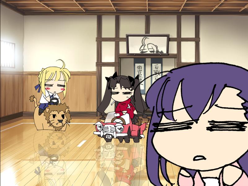 3girls =_= ahoge animal artoria_pendragon_(all) black_hair blonde_hair car chibi cigarette closed_eyes fate/stay_night fate_(series) lion long_hair matou_sakura multiple_girls nendoroid open_mouth pantyhose purple_hair saber smoking tohsaka_rin turtleneck_sweater twintails vehicle