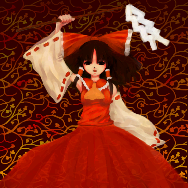 1girl black_eyes bow circlek dress female gohei hakurei_reimu ornament red_bow red_dress ribbon rod solo touhou