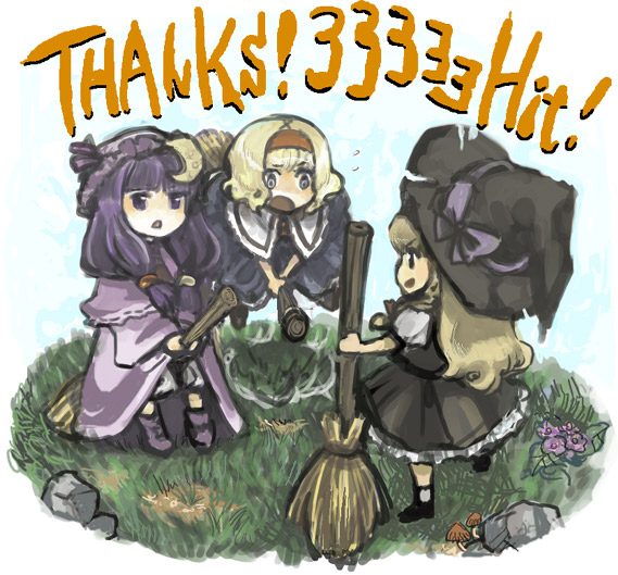 3girls alice_margatroid apron blonde_hair brooch broom broom_riding crescent female from_behind full_body hairband hat hits jewelry kirisame_marisa kureno_akashi long_hair looking_at_viewer multiple_girls patchouli_knowledge purple_hair standing thank_you touhou very_long_hair violet_eyes waist_apron witch_hat