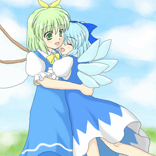2girls cirno daiyousei female hug lowres multiple_girls tagme the_embodiment_of_scarlet_devil touhou