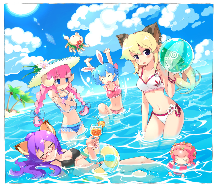 4girls animal_ears armcho arms_up ball beach beachball bikini blonde_hair blue_eyes blue_hair blush_stickers braid breasts bunny_(trickster) cat_(trickster) cleavage closed_eyes clouds fox_(trickster) glasses hat horns innertube long_hair lying medium_breasts multiple_girls open_mouth palm_tree pink_hair purple_hair sheep_(trickster) short_hair side-tie_bikini sky small_breasts standing straw_hat submerged summer swimsuit tankini tree trickster twin_braids water